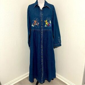 Vintage Disney XL Denim Long Sleeve Jean Dress Embroidery Winnie Pooh Tigger EUC